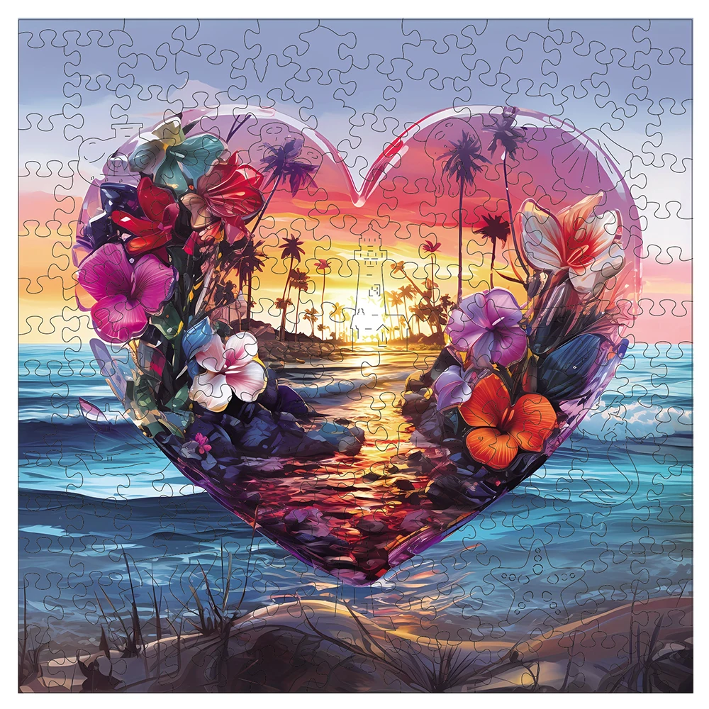 Wooden Puzzle for Adults, Heart-shaped sunset scenery Puzzles, Special Holiday Gifts for Friends Family Modern Art Home Decor
