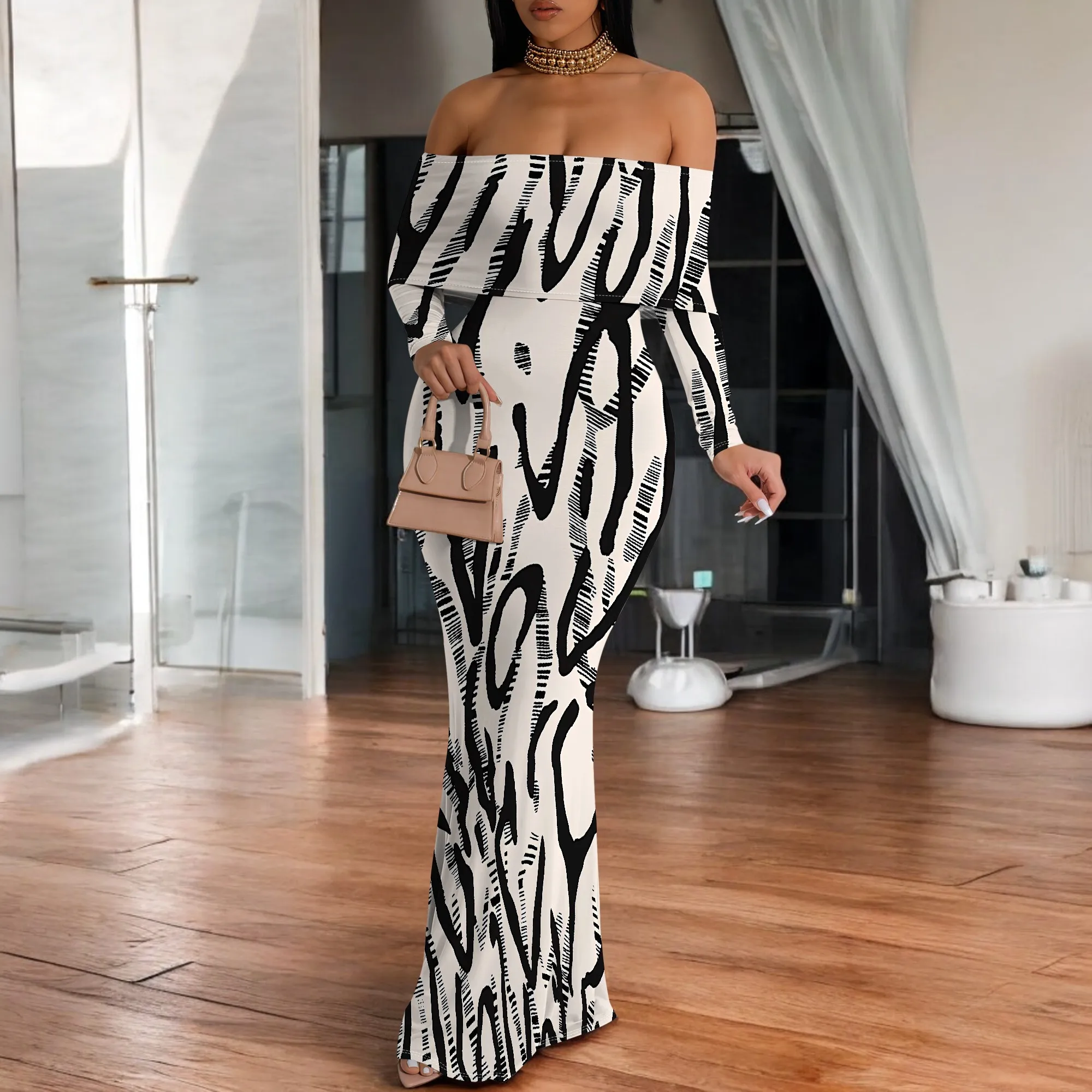 

Trendy Zebra Print Off Shoulder Maxi Dress Sexy Black White Long Sleeve Slim Fit Party Gown