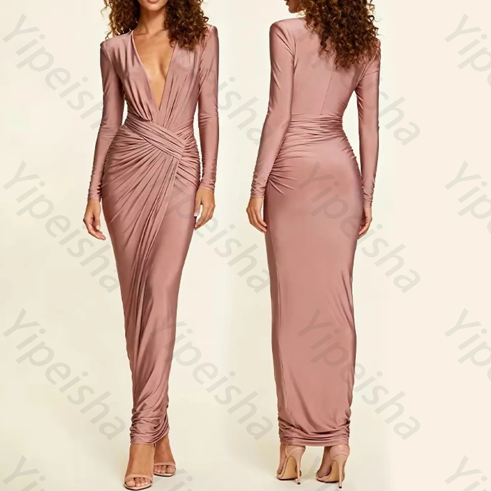 

Elegant V-Neck Long Sleeves Evening Dresses Elegant Sexy Pleat Celebrity Dress Exquisite High Quality Prom Party Gown Customized