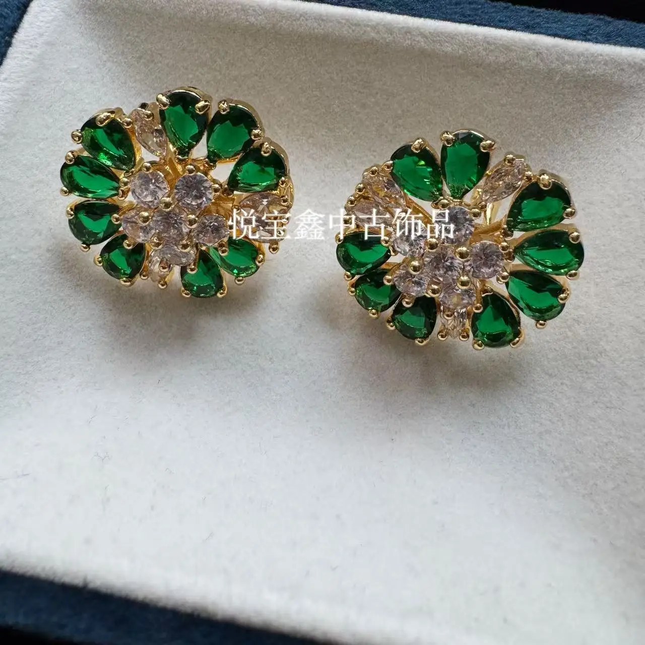 vintage green zircon inlaid bright gold snowflake shape stud earrings 925 silver needle versatile style for senior women