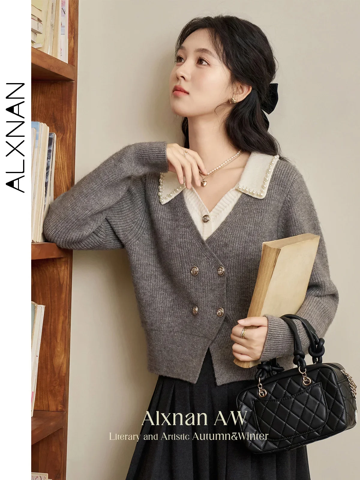 ALXNAN 플러스 사이즈 여성용 그레이 카디건 브이넥 가짜 투피스 니트 스웨터 우아한 비즈 칼라 금속 단추 스웨터 D07118