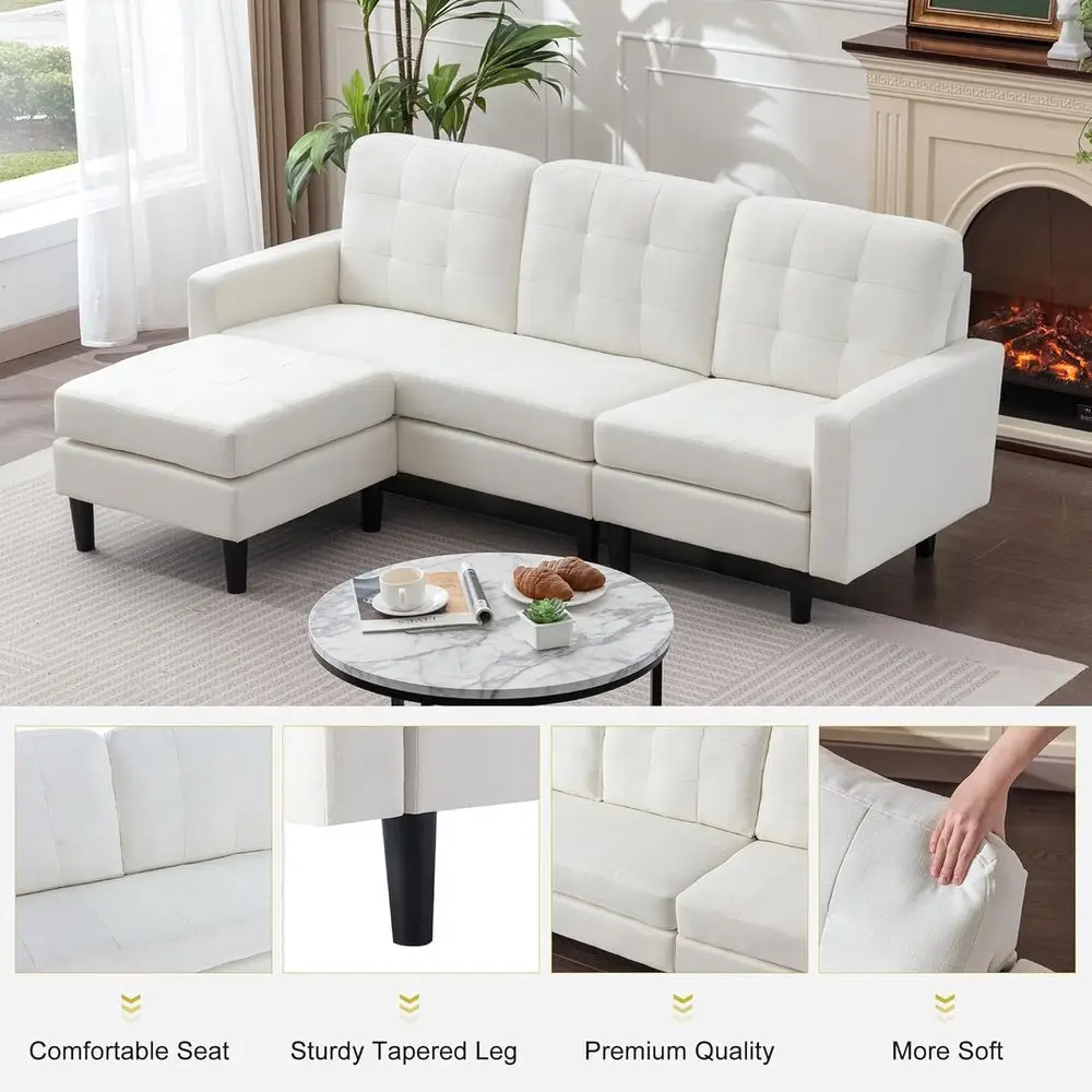 Modern White Linen L-Shaped Sectional Sofa with Reversible Chaise for Living Spaces