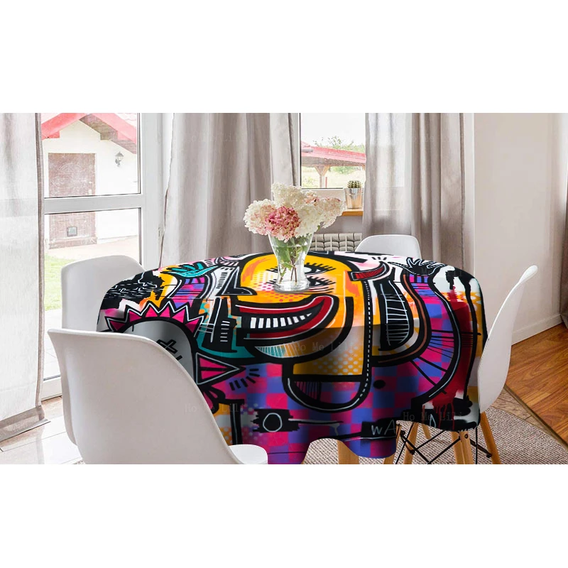 Abstract Modern Street Scrawl Artwork Rooster Joachim Untitled Painting Washable Round Tablecloth By Ho Me Lili Tabletop Decor