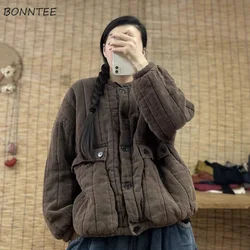 Parkas monocromáticas de manga longa para mulher, parkas de inverno quente, moda popular, design básico, simples, casual, bolsos diários, botão, sólido, venda quente