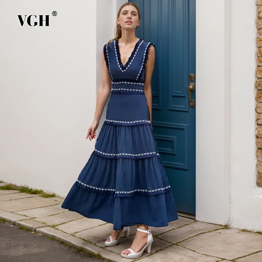 

VGH Hit Color Patchwork Tassels Elegant Dresses For Women V Neck Sleeveless High Waist Spliced Zipper Temperament Dress Female