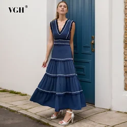 VGH Hit Color Patchwork Tassels Elegant Dresses For Women V Neck Sleeveless High Waist Spliced Zipper Temperament Dress Female