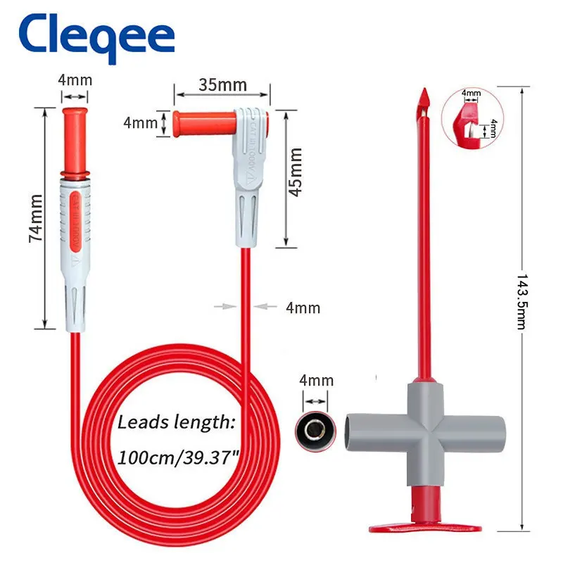 Cleqee P1033A Multimeter Puncture Hook Test Lead Kit 4mm Banana Plug Heavy Duty Safety Puncture Probe for Electrical Testing