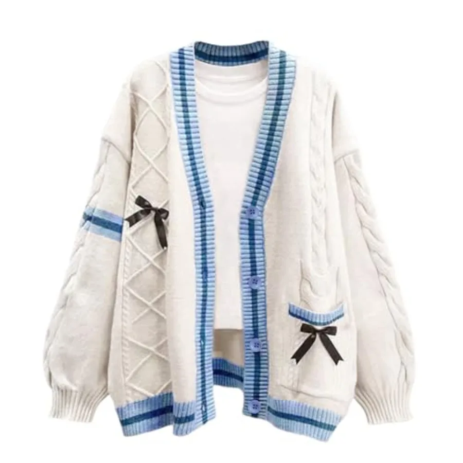 FindThy Cárdigan escolar Kawaii JK para mujer, cárdigan con botones y mangas largas con lazo atado