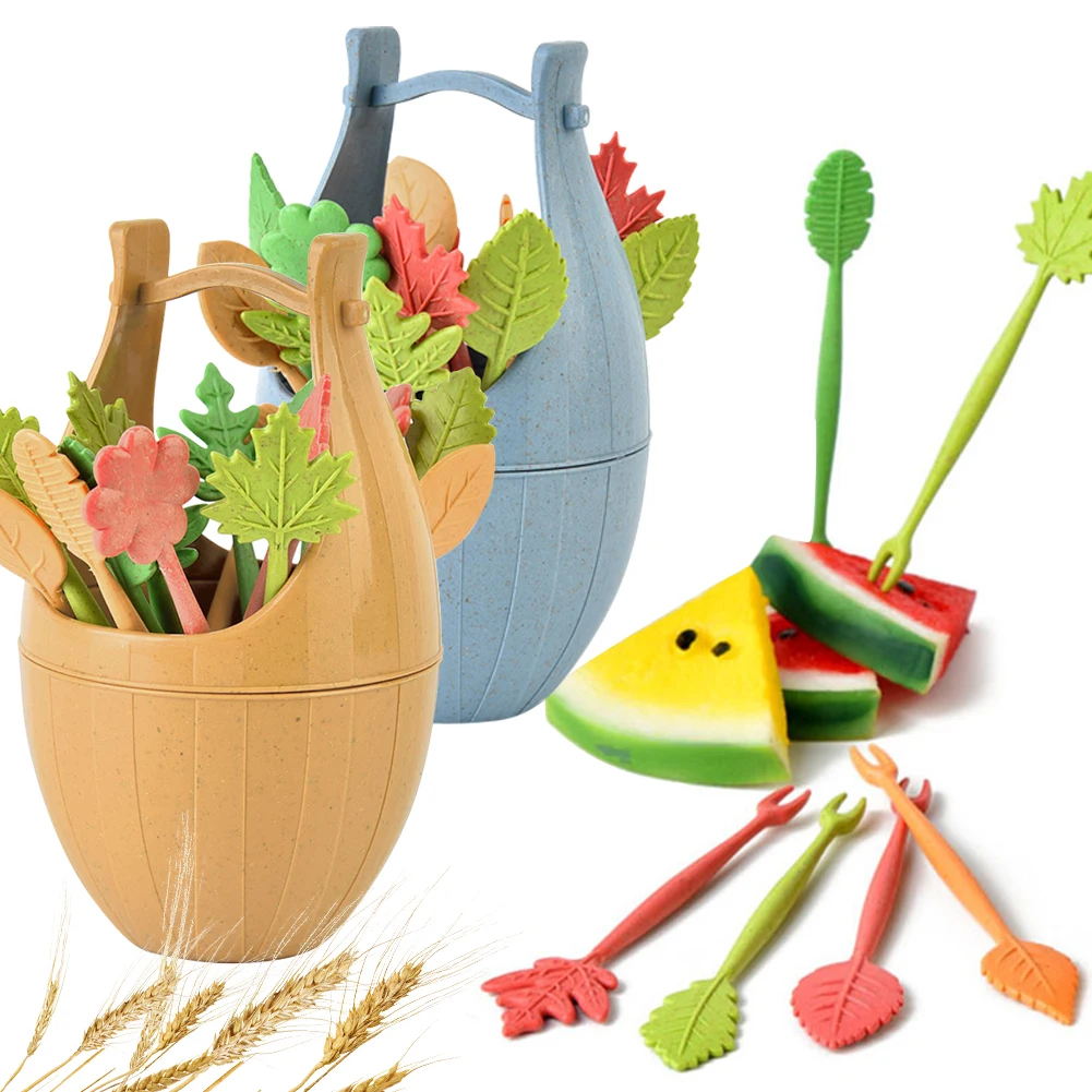 16pcs/set Biodegradable Fruit Fork Bucket Leaves Shape Dessert Forks Snack Food Picks Salad Vegetable Kids Lunch Accessories