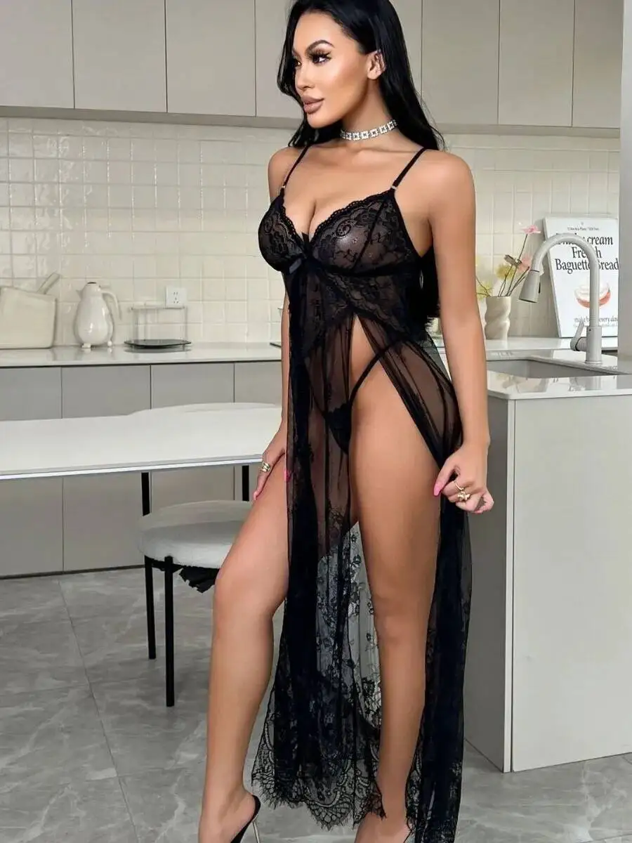 Nuevo vestido Sexy de malla de encaje transparente elegante vestido de pijama con bordado de flores sin espalda tirantes en V profundo vestido sin mangas encantador H0CM