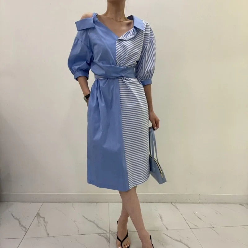 Korean Chic Patchwork Striped Asymmetrical Shoulder Exposure Shirt Dress Belt Slim Waist Puff Sleeve Robe French Elegant Vestido