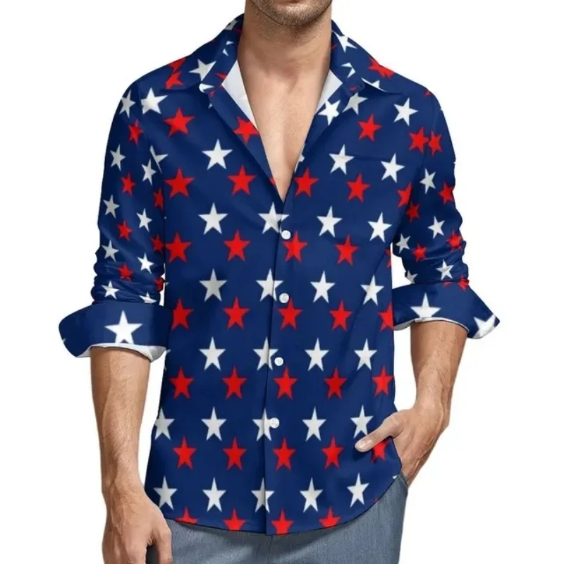 Camisas de manga larga para hombre, ropa con estampado 3D, Tops casuales, blusa Vintage suelta, rayas, bandera de las estrellas de EE. UU., moda de