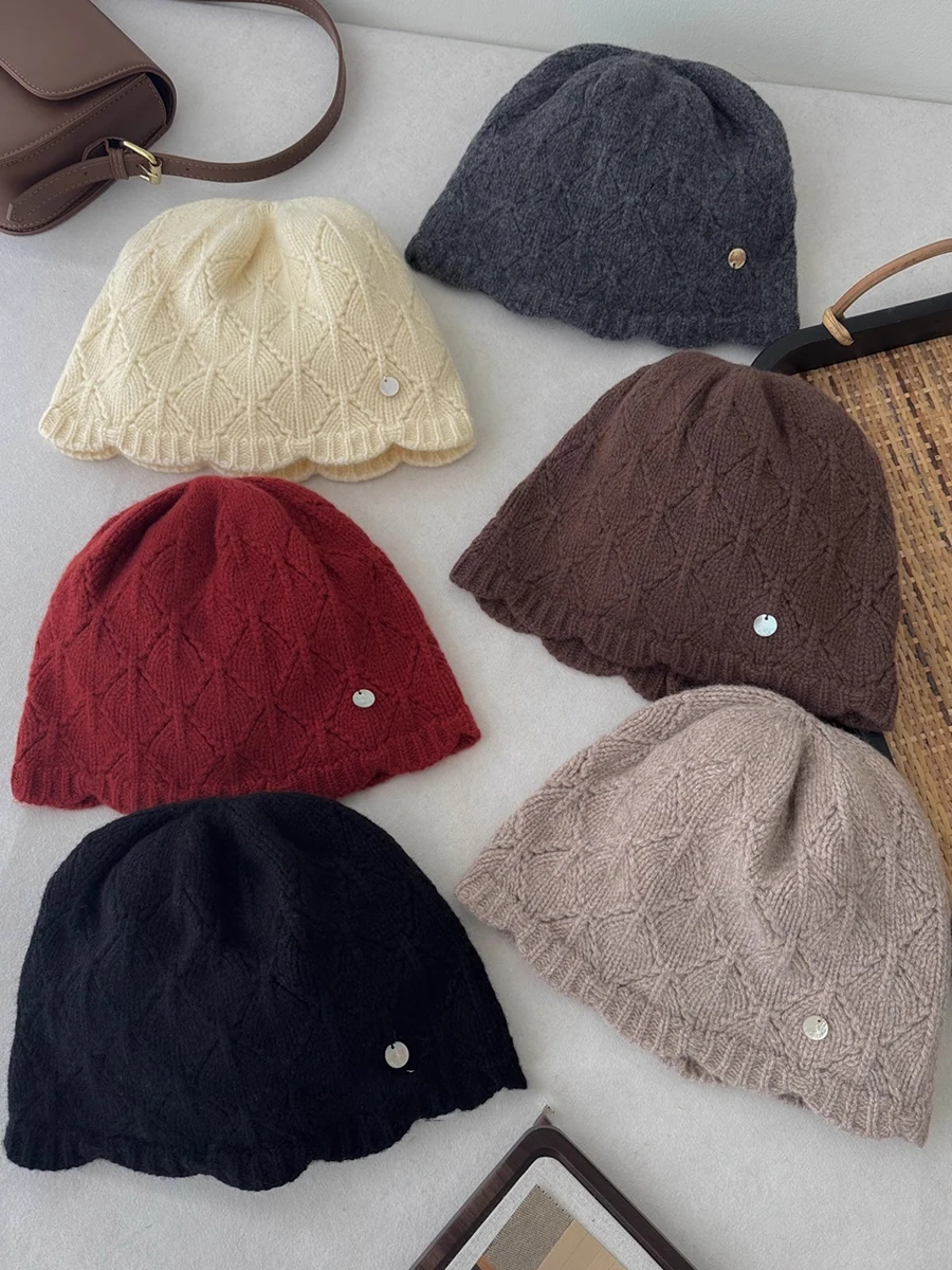 

Модная вязаная шапка из 100% шерсти с волнистым кружевом ручной работы, женская осенне-зимняя шапка-бини унисекс, универсальные пуловеры