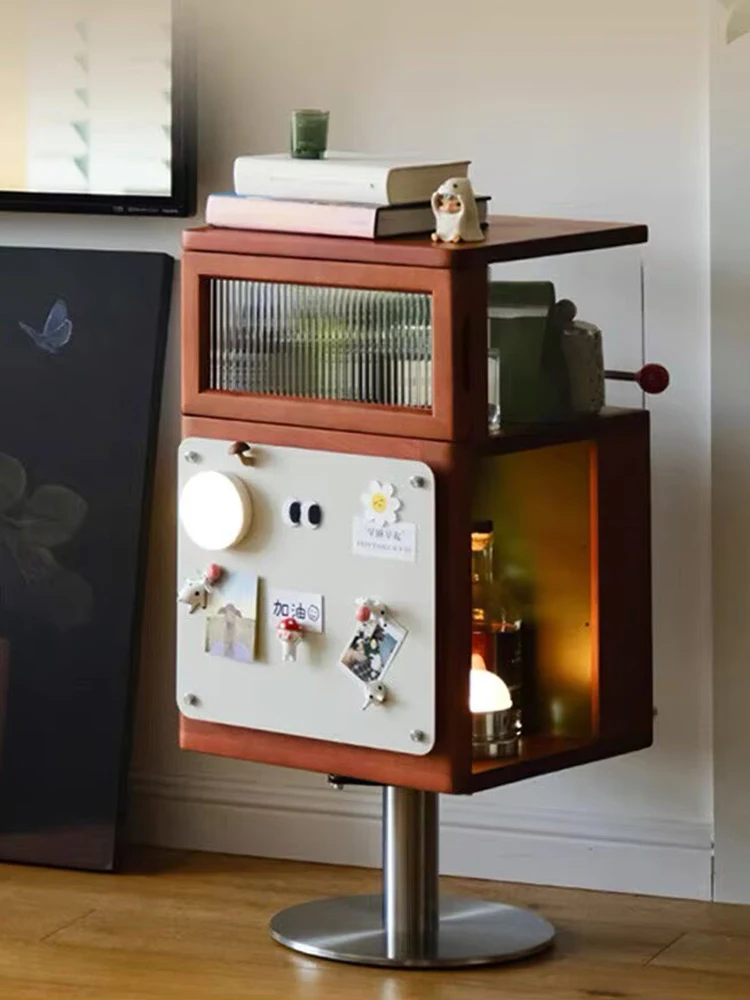 Home Furniture Retro Style Living Room Sofa Side Cabinet Rotating Snack Shelf Bedside Solid Wood Storage Rack Creative Tea Table