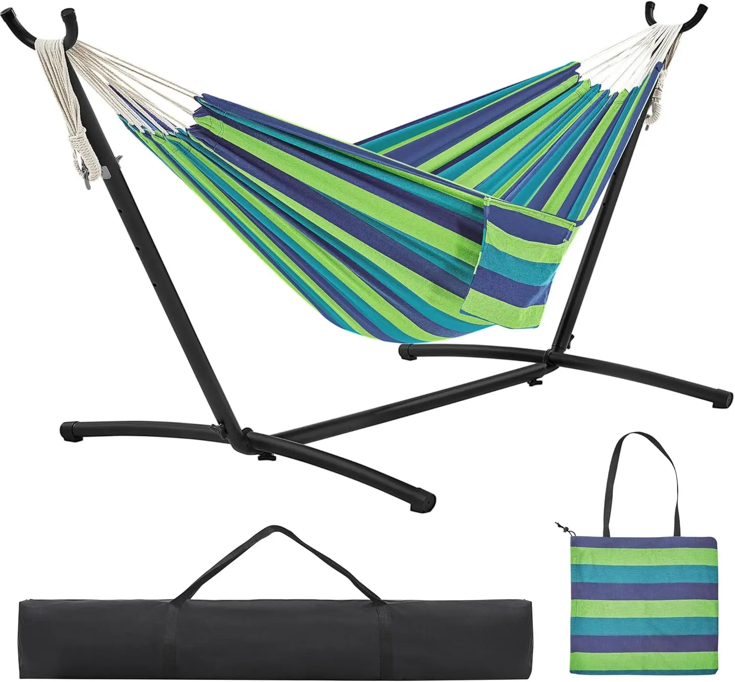 Double Hammock w/Stand, 2-People Hammock & Stand Set w/Storage Bag & Carrying Bag, Outdoor/Indoor Heavy-Duty Portable Hammock