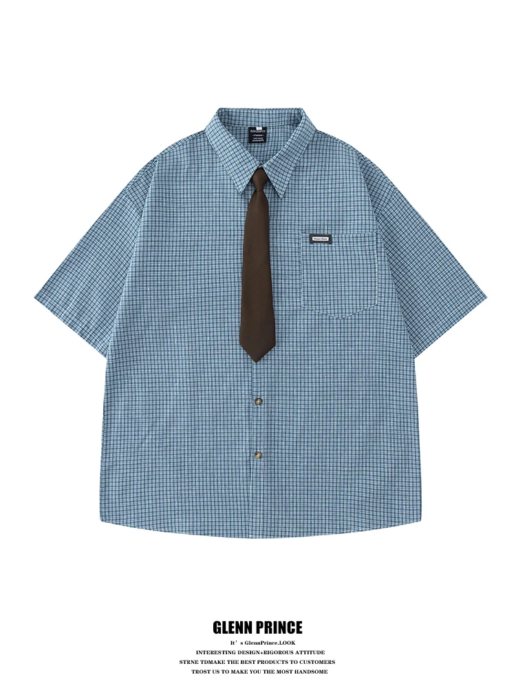 

GPstudio American Retro Pure Cotton Tie Shirt Men's Summer Youth Style Loose Fit Shirt Short Sleeve Plaid Pattern Casual Wear