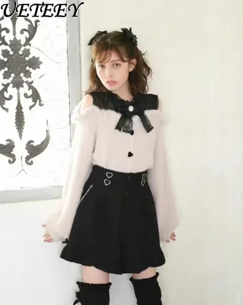 Japanese Mine Mass-Production Knit Sweater Women Autumn Winter Lolita Sweet Bow Furry Off-Shoulder Lace Long Sleeve Sweater Top