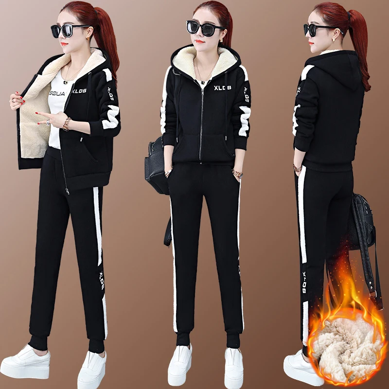 Winter Women Sportswear Tracksuit Thick Fleece Warm Hoodie Jacket+pant Running Jogger Fitness Workout Casual Set Sport Suit