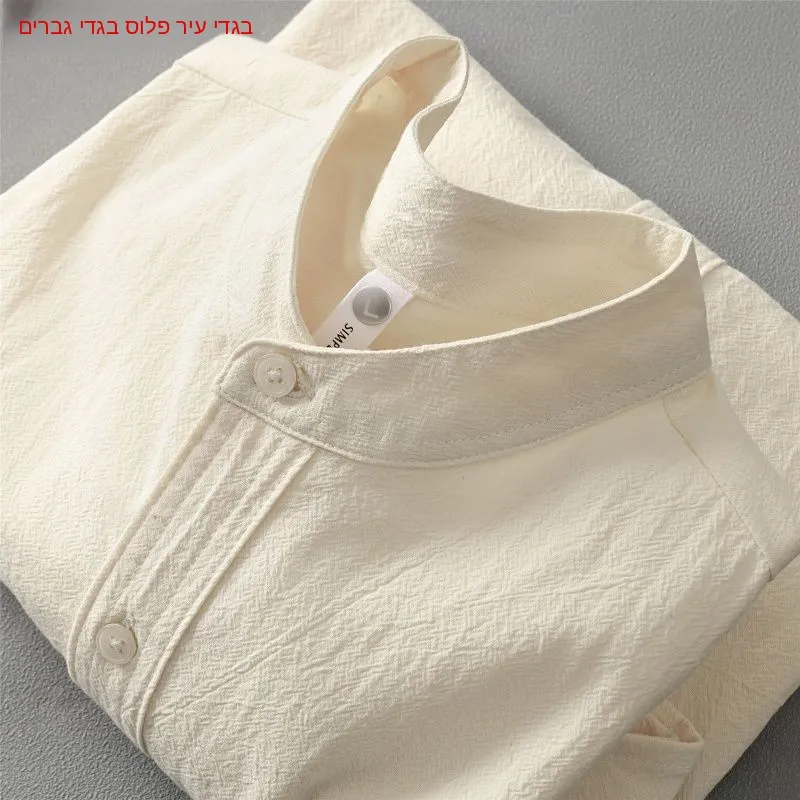 Men's Cotton Linen Short Sleeve Shirt Stand Collar Henry Collar round Neck Five Sleeve T-Shirt Women's Texture Sensation Top