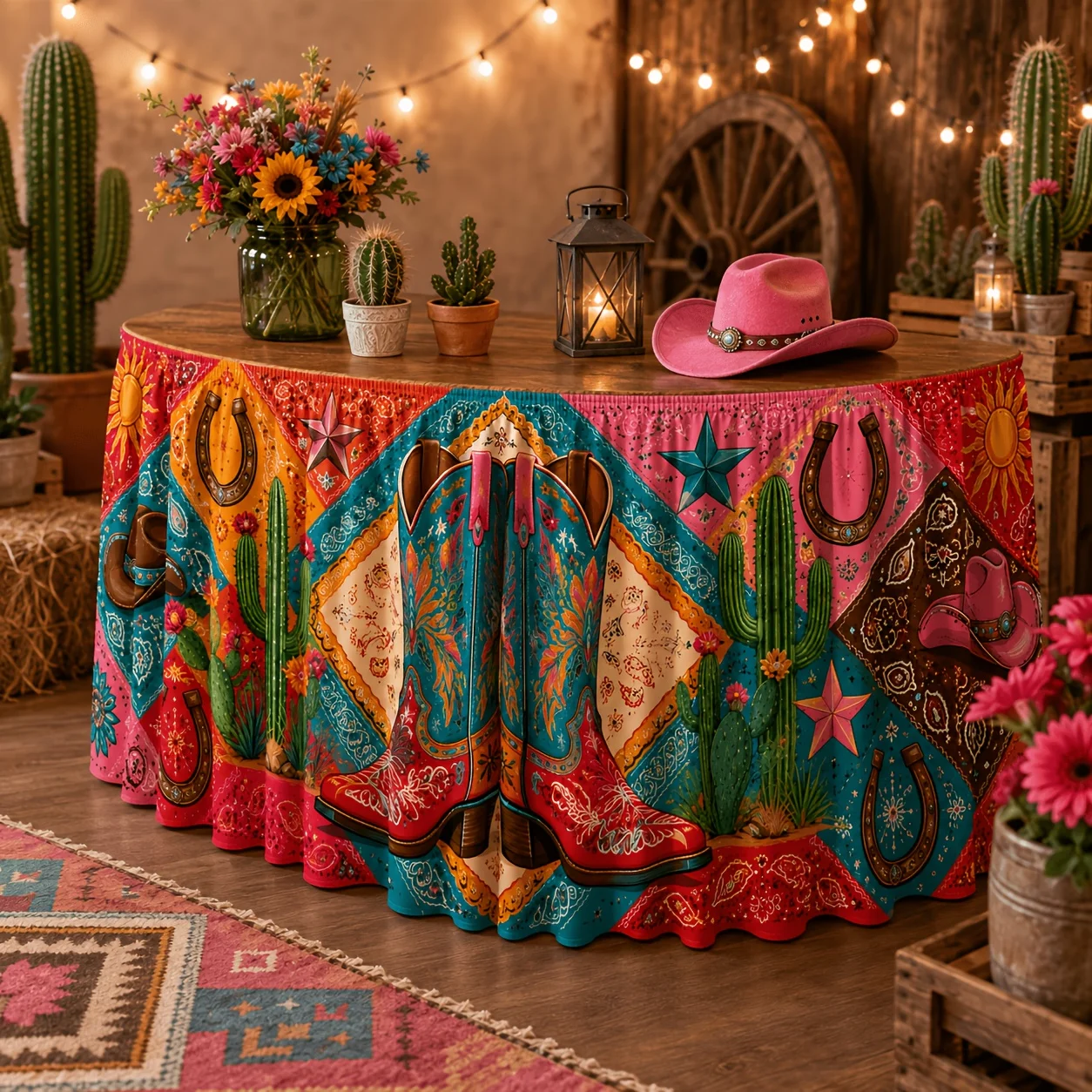 A tablecloth and table skirt. Western cowboy print table skirt. Includes cowboy boots and hat.