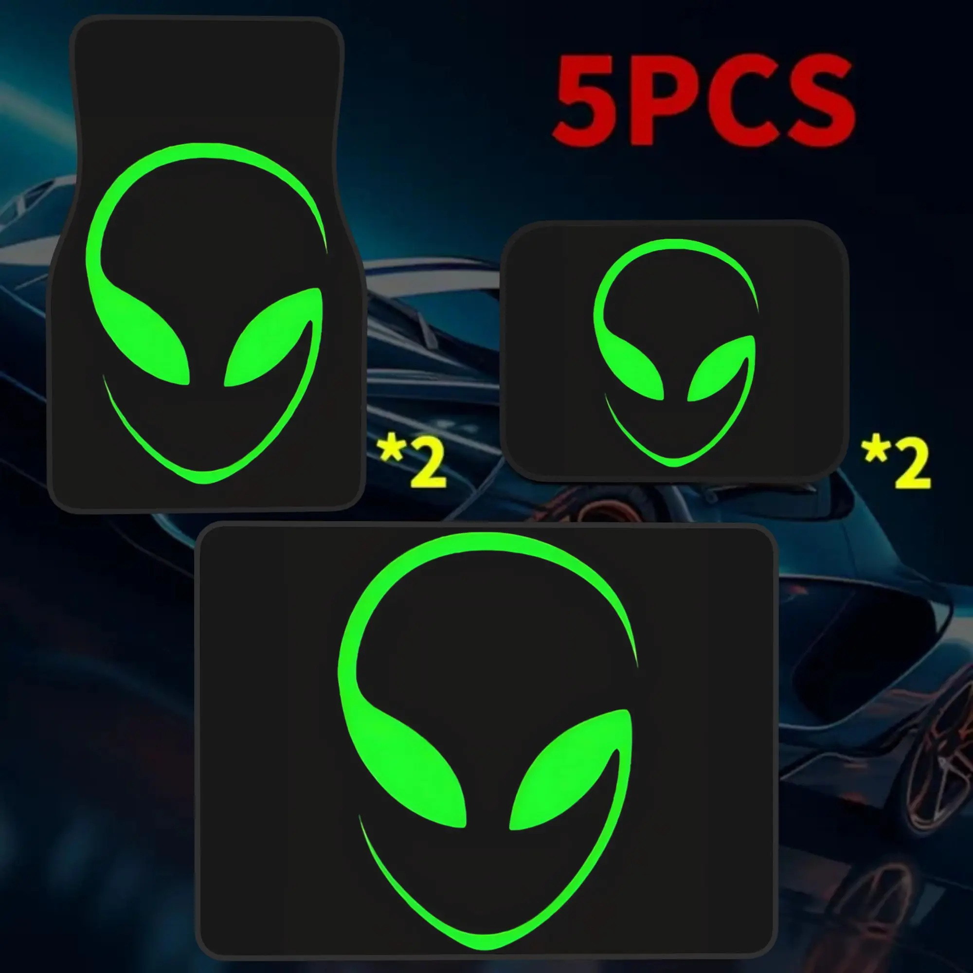 5pcs Green Alien Print Printed Car Mats Set (4 Floor Mats + 1 Trunk Mat), Made Of Durable Elegant Interior Protection, Ideal For