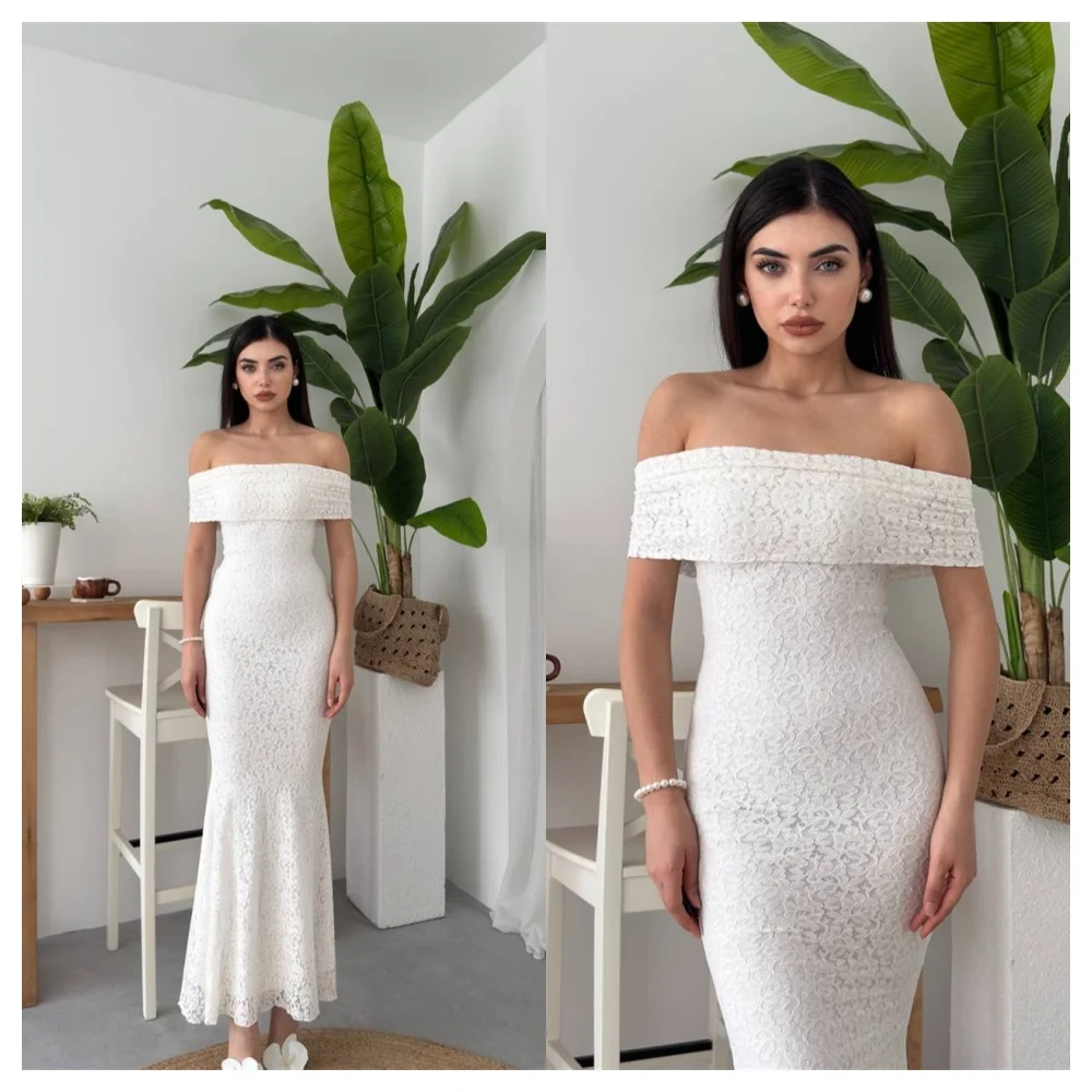Customized Modern White lace Evening Dress Simple Boat Neck Off the Shoulder Sleeveless Party Dress Delicate Celebrity Gowns