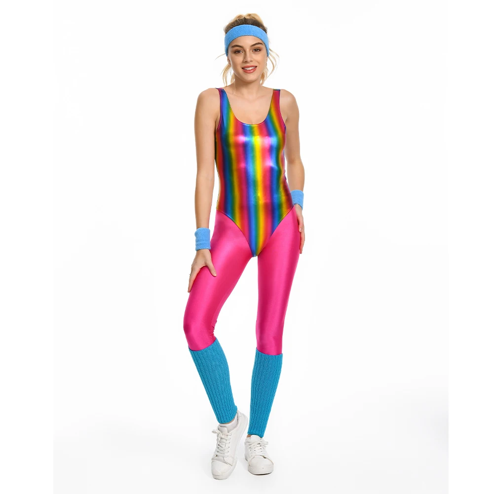 6Pcs/Set Women's Retro 80s/90s Legging Cosplay Costume Female Colorful Glossy Sportwear Headband Set Halloween Carnival Suit