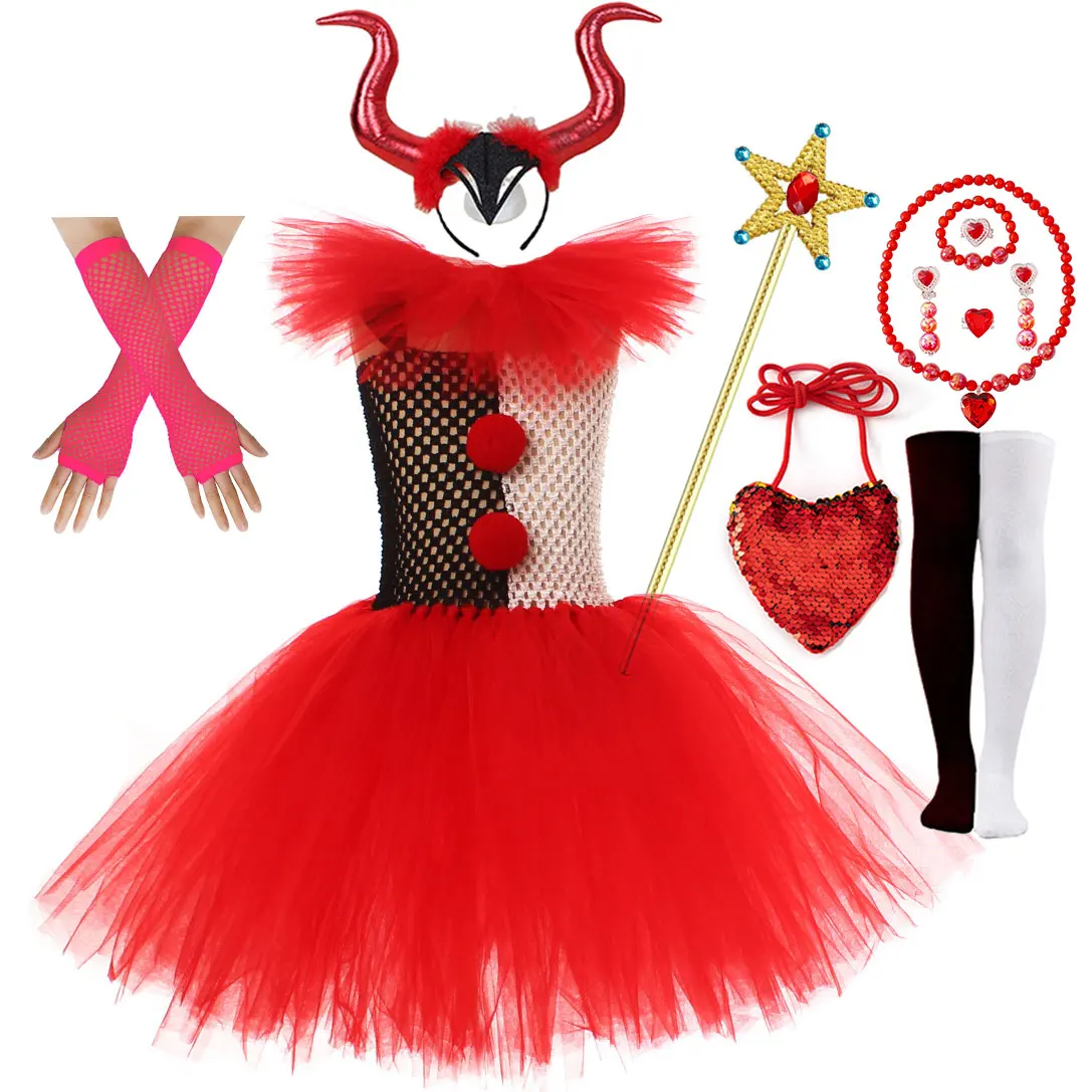 

2025 Halloween Carnival Party Witch Fancy Clown Red Costume For Girl For KIds Funny Role Play Carnival Dress up Outfits Set