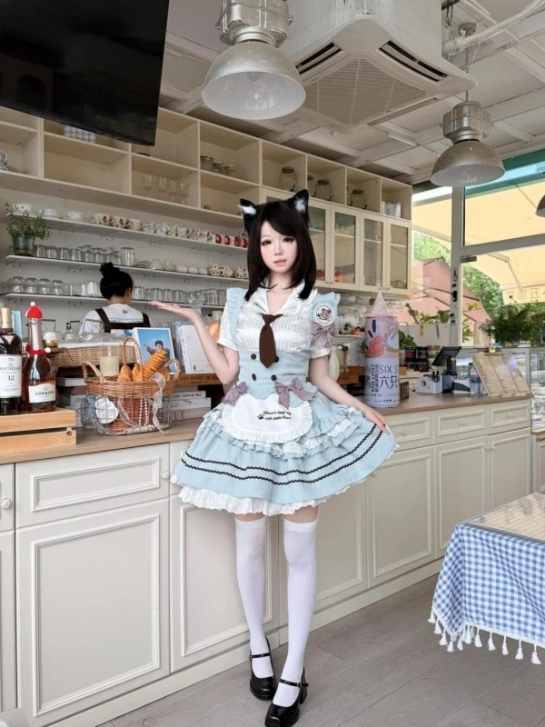

Sweet School Lolita Anti-Aging Set Bubble Sleeve Shirt Top Waist Cinched Vest High Waist Fluffy Skirt Three Piece Set