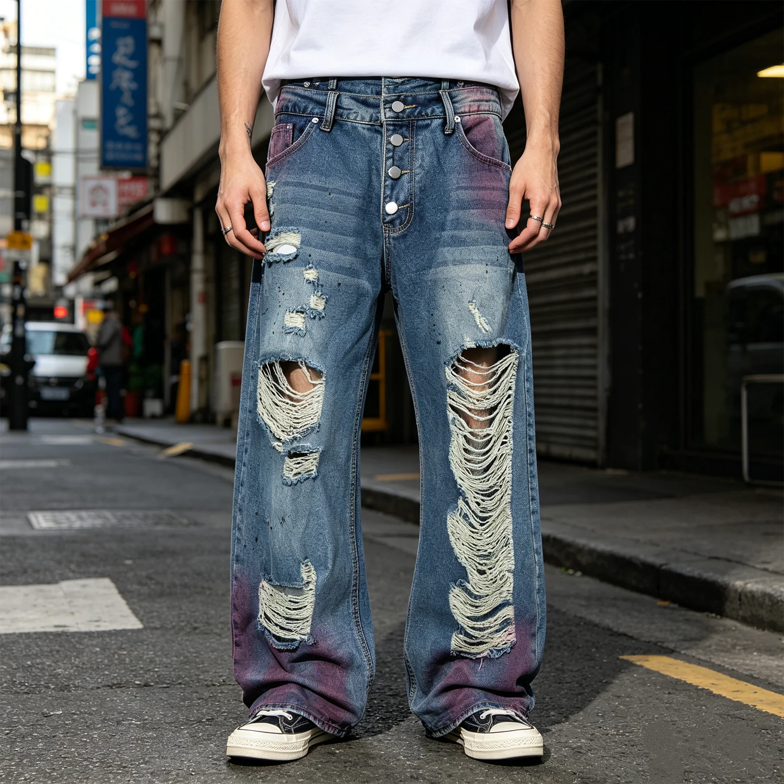 High Street Y2k Distressed Baggy Wide Jeans for Men Women Vintage Washed Ripped Denim Streetwear Pants Double Waist Broken Jean