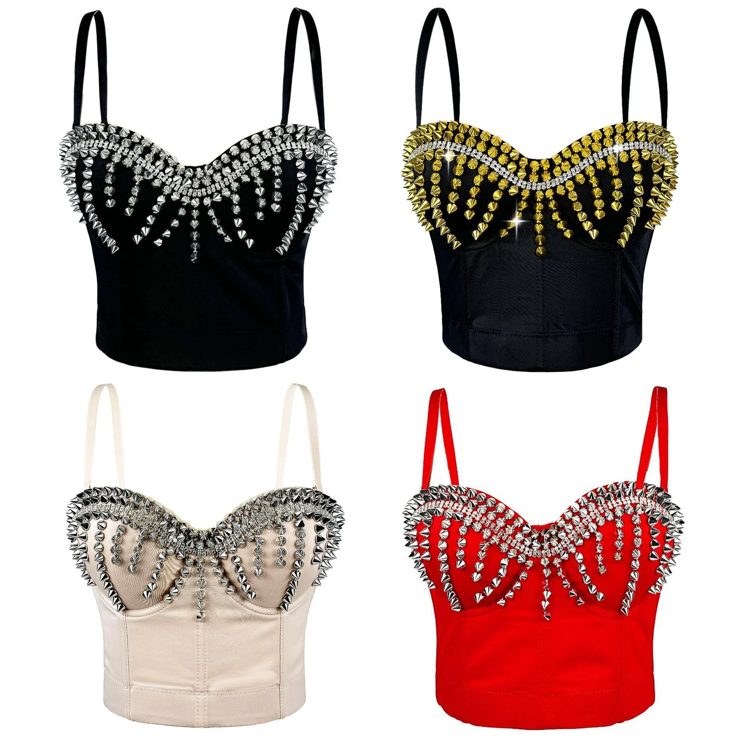Silver Rivets Corset Crop Top Spaghetti Strap Gothic Push Up Bra Steampunk Bustier For Women Rave Rock Nightclub Bar Brassiere