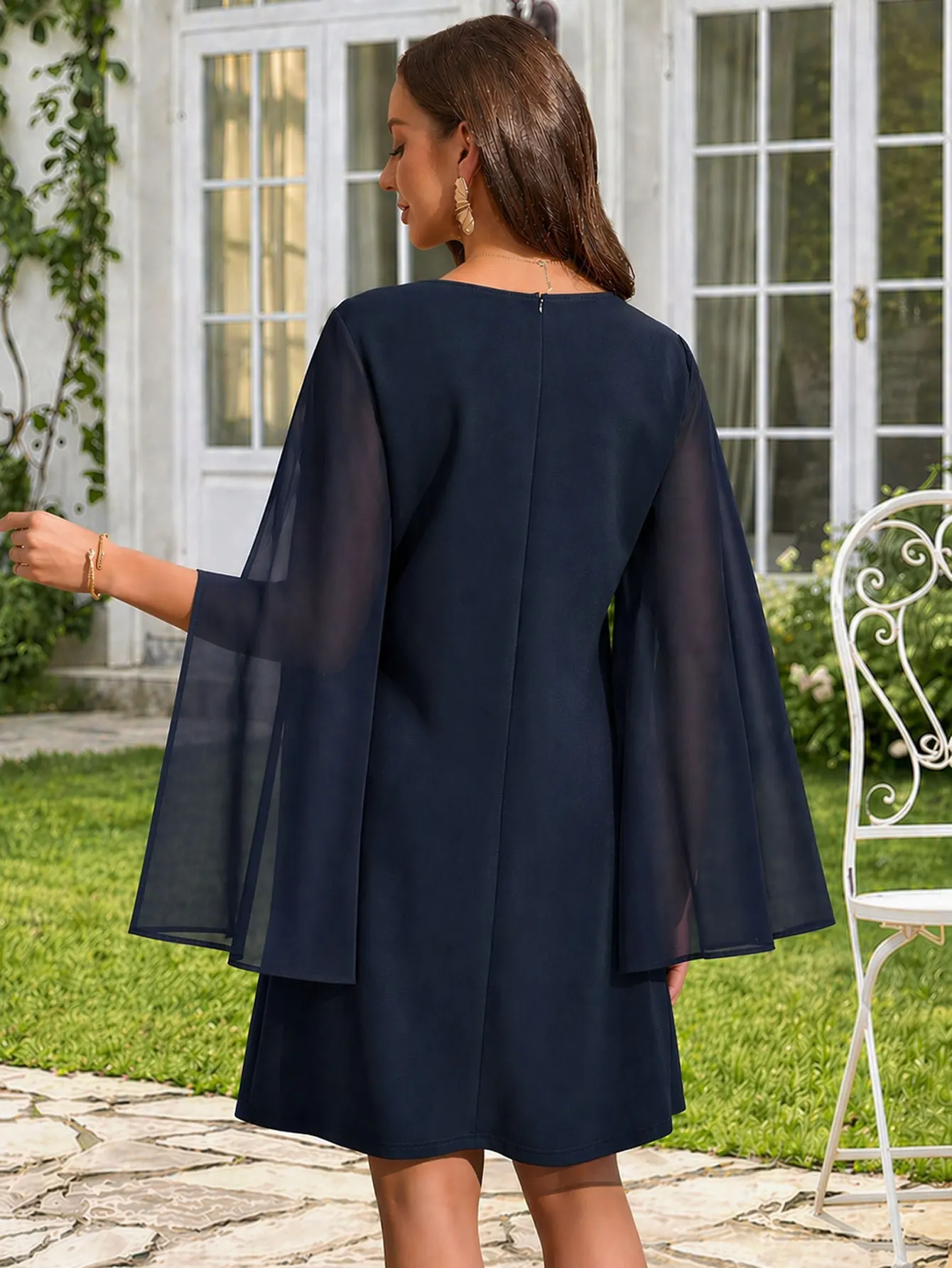 Damen-Kleid mit Rundhalsausschnitt, Schlitz und Schalärmeln, Knielang, A-Linie, Locker Sitzend, Einfarbig, für Abendveranstaltungen und Partys, Bolero-Kleid – Detail 6