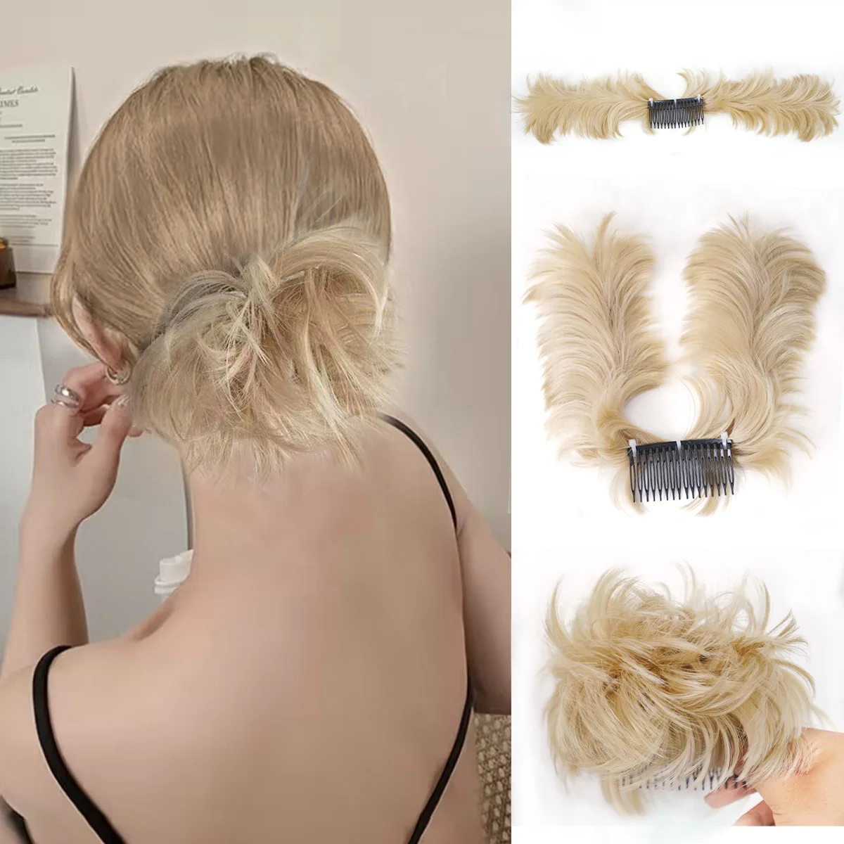 Synthetic Fluffy Messy Bun Updo HairPiece for Women Side Comb Clip in Chignon Short Adjustable Styles Easy Hair Pieces