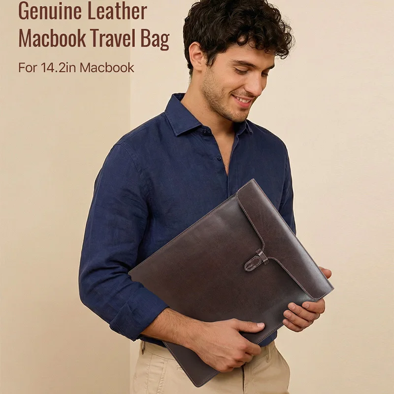 Vintage Genuine Cow Leather Laptop Sleeve Slim Envelope Style Shockproof Notebook Protective Carry Case Soft Lined Laptop Cover
