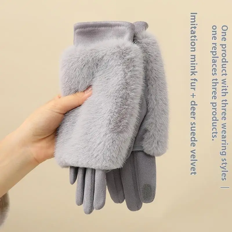 1 زوج سميكة صوف مبطن قفازات لمس المرأة شتاء دافئ في الهواء الطلق ركوب الدراجات يندبروف قفازات