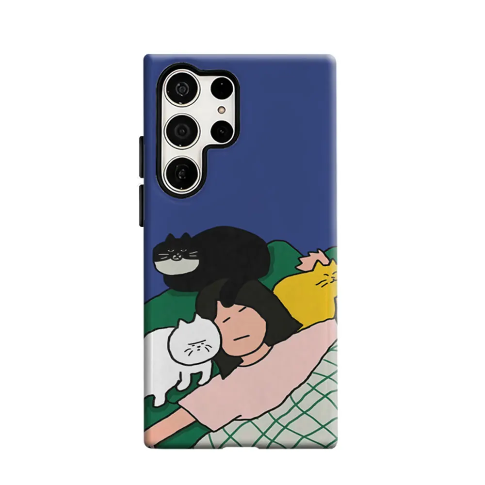 CaseLumi Phone Case For Samsung Galaxy S25 S24 S23 Ultra Plus HD Hard Cozy Girl & Cats Double Layer Cover Film Shell