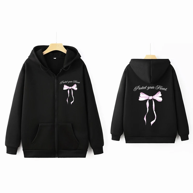 Cartoon Cute Bow Print Hoodie Fairy Grunge Graphic Women Zip up Sweatshirt Vintage Harajuku Y2k Aesthetic Girl Coat Tops Gothic