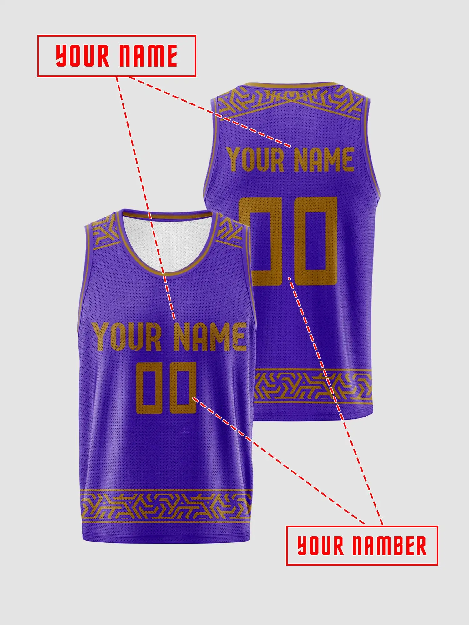 Custom Purple Gold‑Pattern Basketball Jersey, Adult & Kids Uniform, Print Name Number
