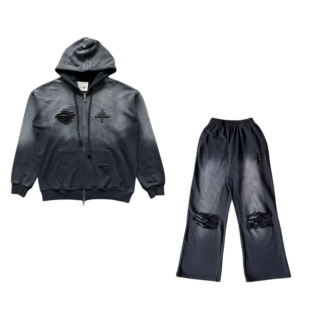 

Vertebrae Американский уличный стиль с рваными отверстиями и вышитым логотипом, толстовка с длинными брюками, комплект