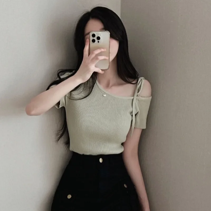 Feminino Sexy Off Shoulder Ropa Mujer Short Sleeve Camisetas Lace-up Bow Women 2024 Tops Summer T Shirt Korean Elegant Tees