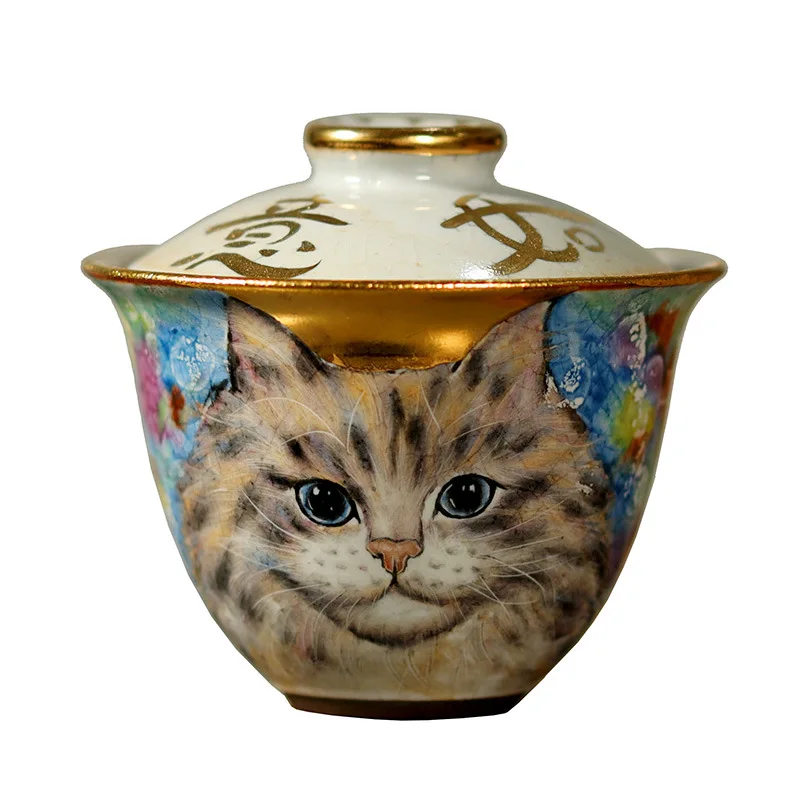 Mu Yan Handmade Shino Cup Creative Ceramic Set Tea Bowl He Ni Wood-Fired Pastel Fortune Cat Gaiwan