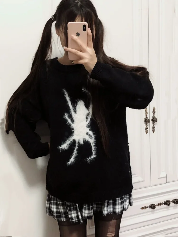 New Spring Harajuku Gothic Hot Girls Black Spider Print Hip Hop Knitting Long Sleeve Top Fashion Punk Pullover Cool Girl