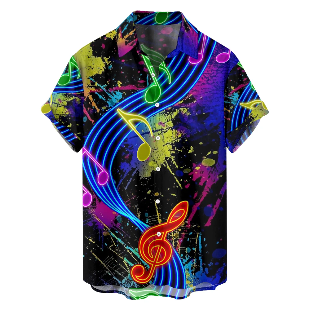 

Original Summer color musical notes Casual Travel Plus Size Short Sleeve Shirt Hawaiian Style Digital Print loose trend shirt