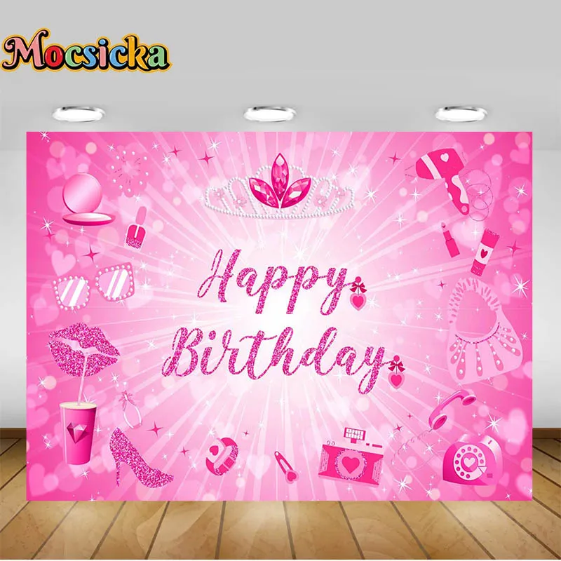 Mocsicka Pink Photography Backdrop Happy Birthday Girl Boudoir Party Decorative Background Camera Makeup Box Decor Photozone