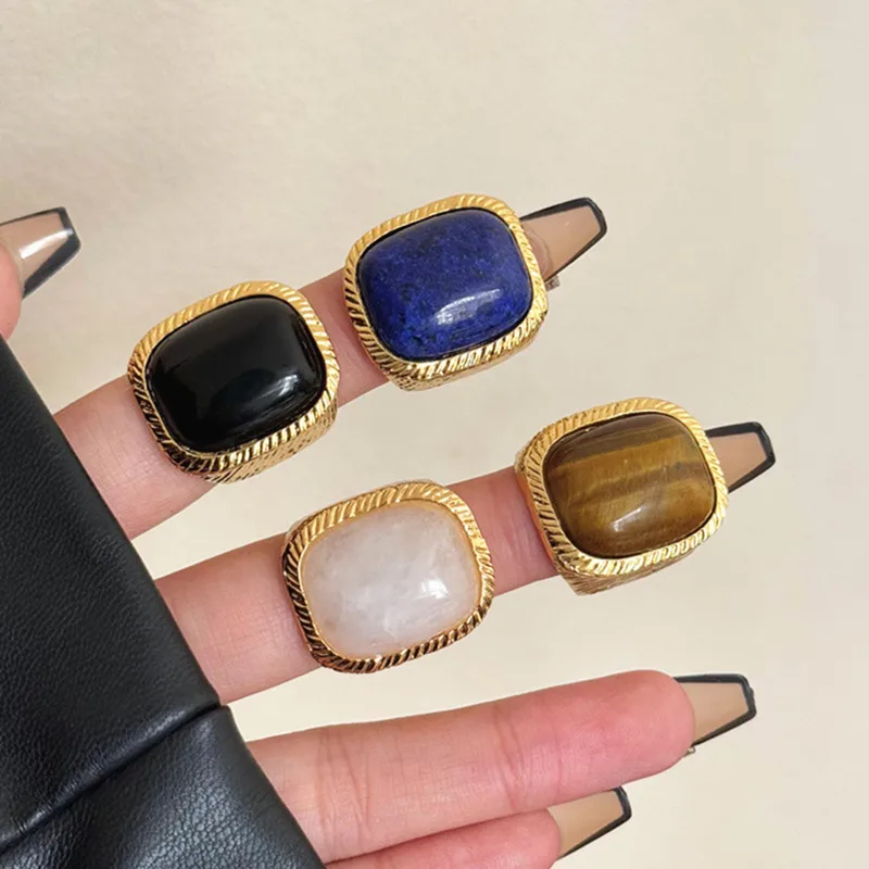 

Vintage Hyperbole Metal Square Wide Natural Stone Ring for Women Europe And America Personality Trend Party Jewelry Gift