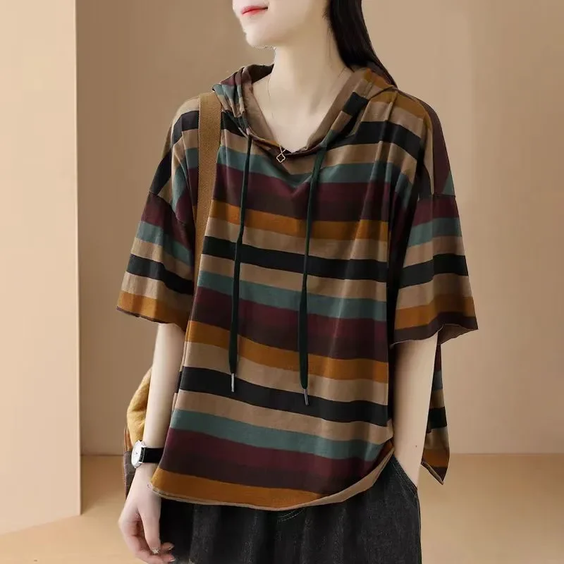 

Women's Vintage Striped Hooded T-Shirt Cotton Loose Casual Summer Top