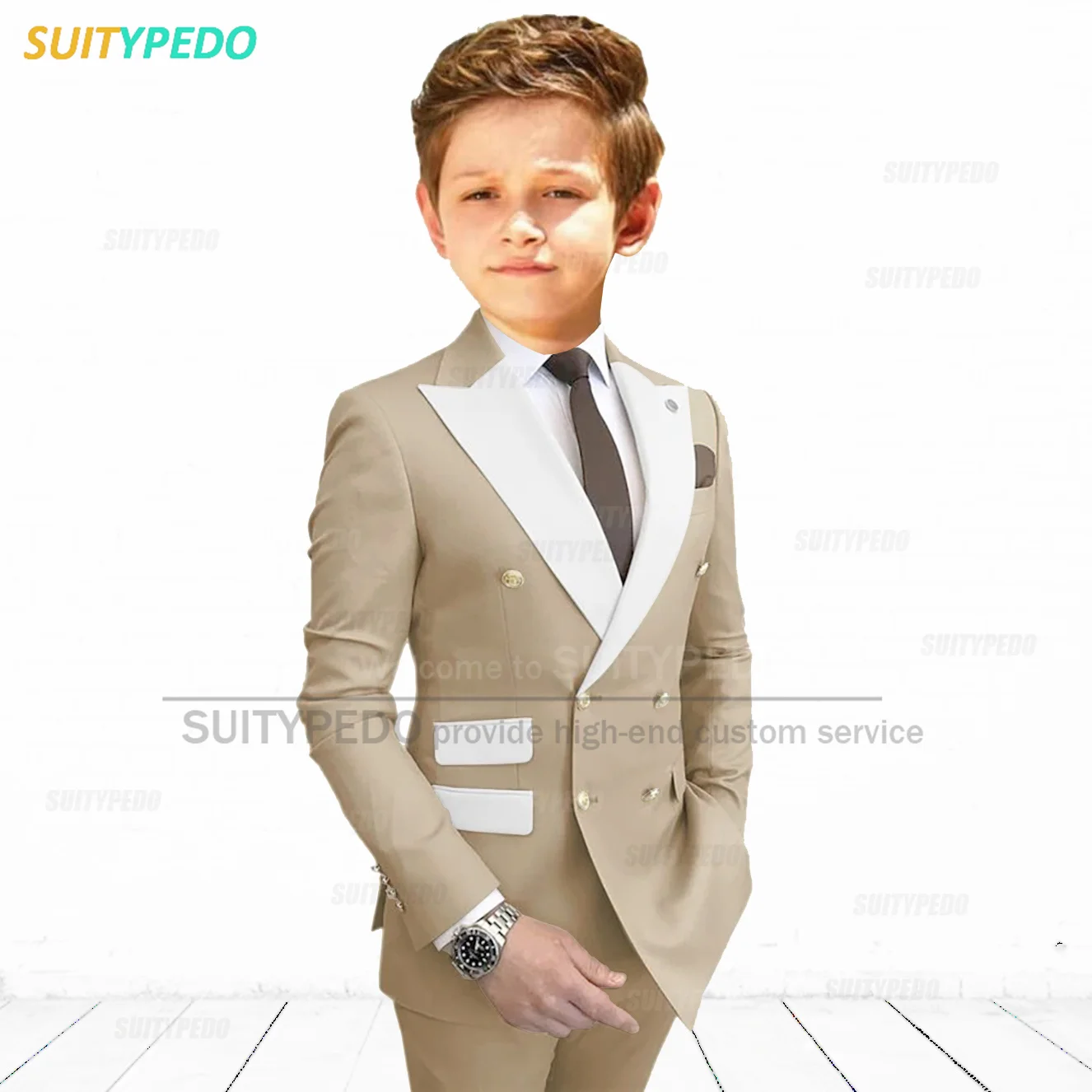 Khaki Suit For Boys 2 Pieces Chorus Performance Gala Host Classic Costume Children Birthday Photography Jacket And Pants Outfit