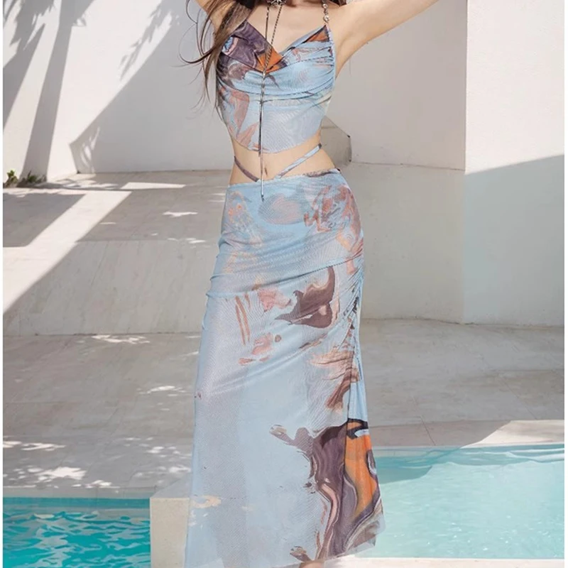 OIINAA Print Bathing Suit Women Neck-mounted Bikini Set Backless Lace Up Hot Spring Swimwear Summer New Korean Mesh Beach Skirt