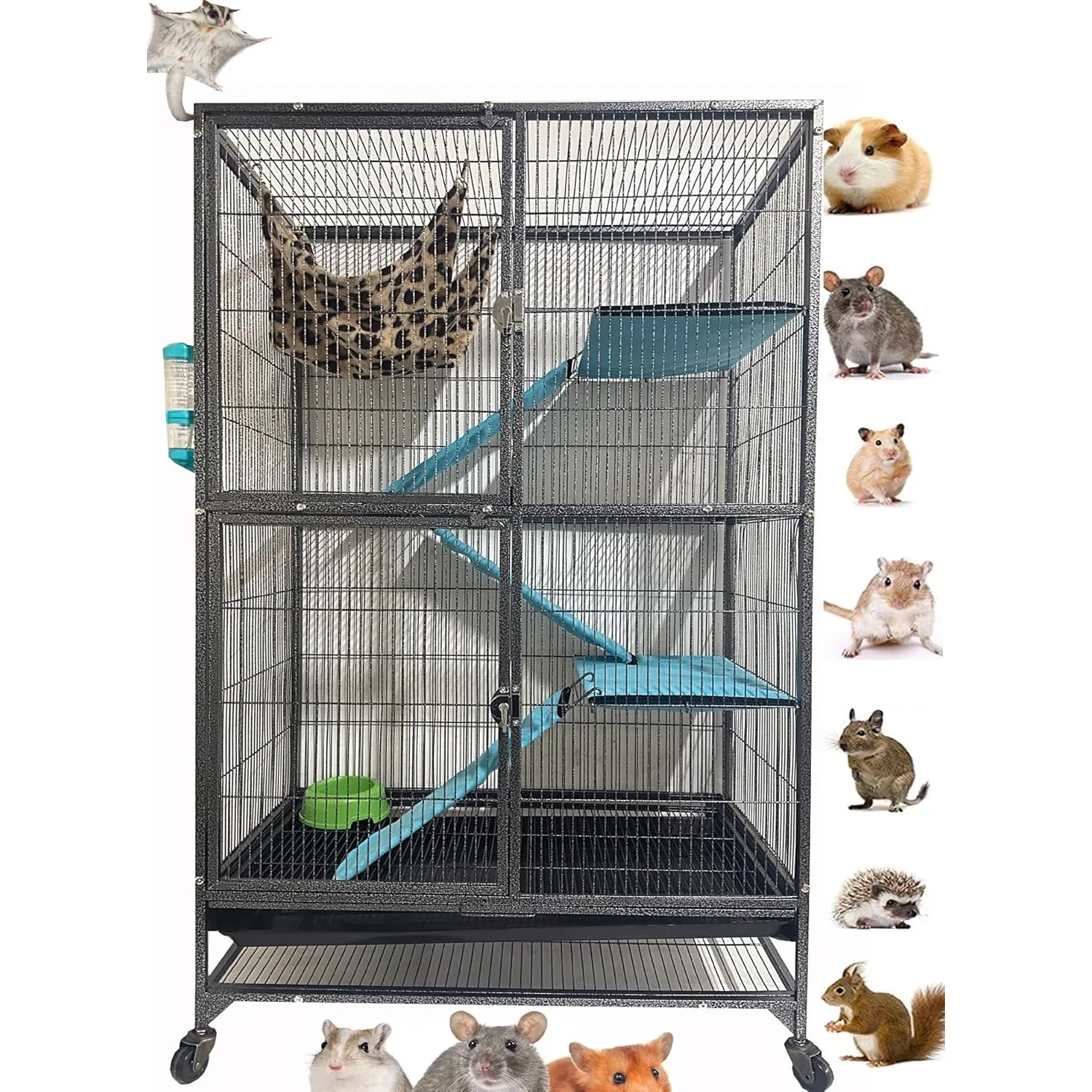 Two Story Small Animal Chew Proof Cage Tight 1/2-Inch Bar Spacing for Feisty Ferret Rat Rabbit Sugar Glider with Rolling Stand ﻿