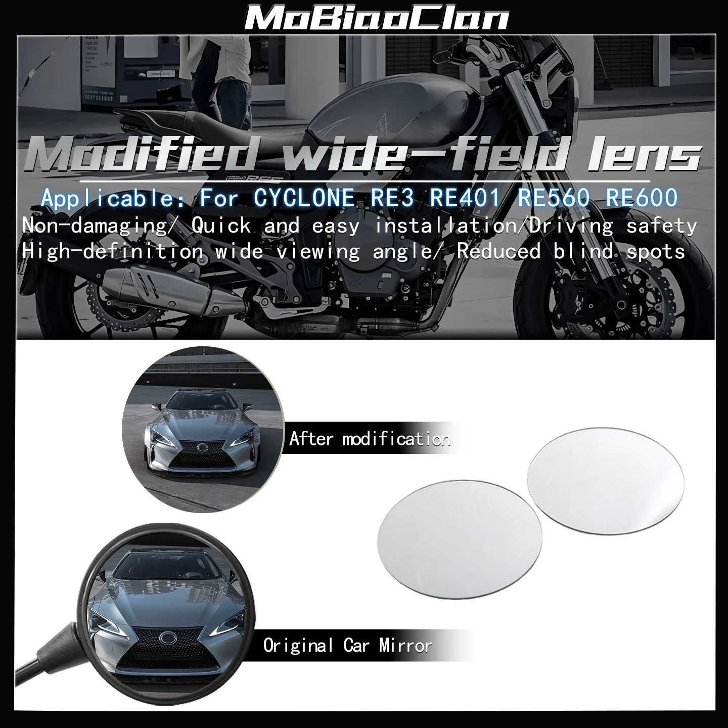 Para CYCLONE RE3 RE401 RE560 RE600 accesorios de motocicleta espejo convexo aumentar espejos retrovisores espejo lateral lente de visión ﻿